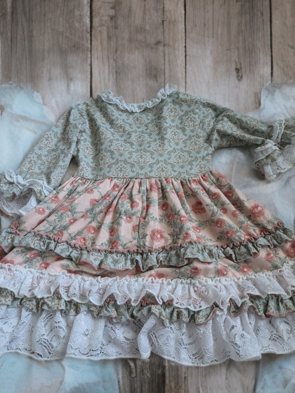 Ruffle Butts Sage Green & Pink Floral Ruffle Party Dress - Picture 3 of 3
